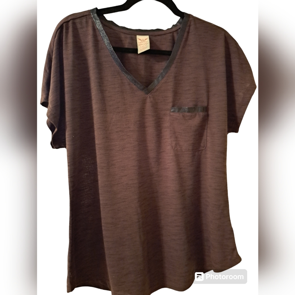 FADED GLORY WOMEN'S TOP with faux leather look around collar & pocket